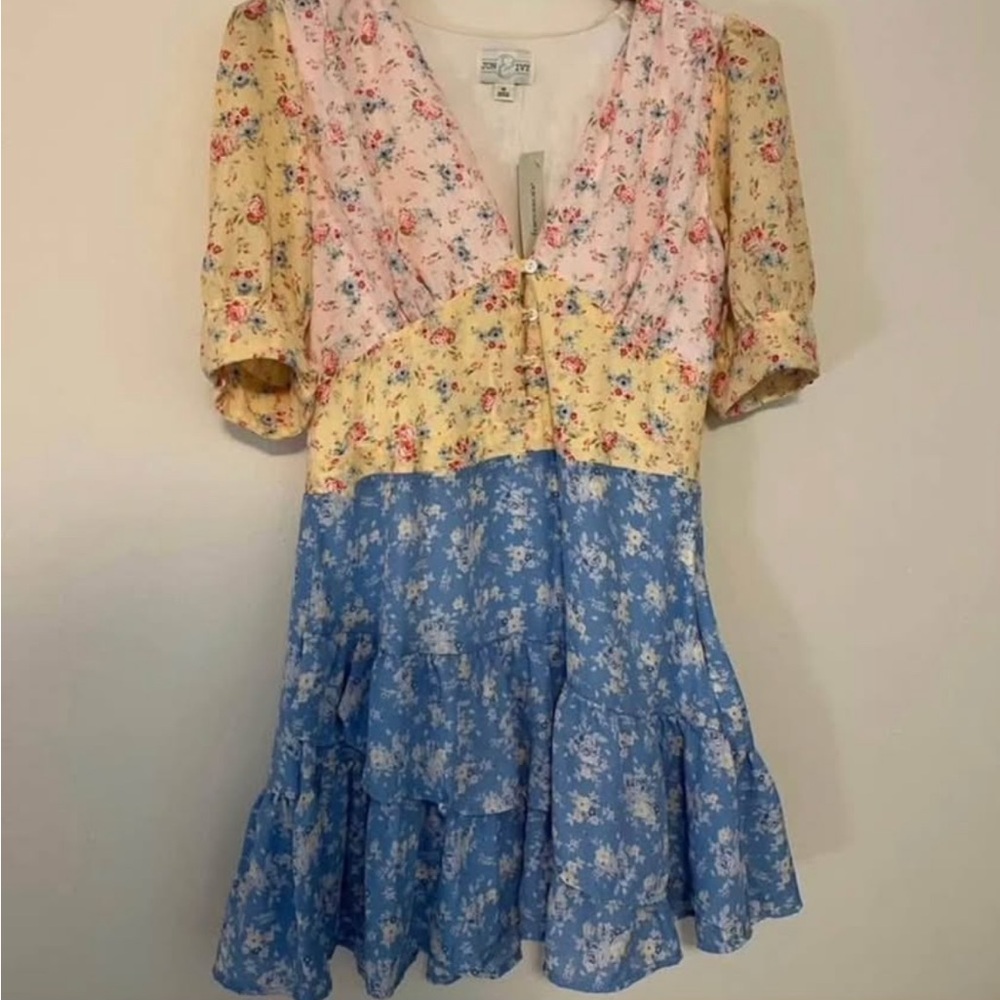 Francesca's Collections Floral Patchwork Mini Dress - Pink, Yellow, Blue
